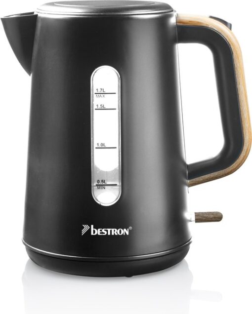 Bestron Waterkoker, met 360° basis & tot 1.7 Liter capaciteit, automatische kookstop & droogkookbeveiliging, 2200W, AWK2200BW, kleur: Zwart /Hout