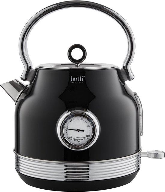 Botti Royal Line proffesionele waterkoker klassiek design 1,7L met thermometer - Elegant en luxe uitstraling - Fluitketel look - 2200W - zwart / zilver