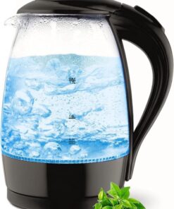 Glazen waterkoker, zwart, 2200 watt, 1,7 liter, theekoker, 100% BPA-vrij, blauwe ledverlichting, theekoker, waterketel, waterkoker, retro