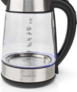 Nedis Waterkoker - 1.7 l - Glas - Transparant - 60,70,80,90,100 °C - Temperatuurindicator - 360 graden draaibaar - Verborgen verwarmingselement - Strix-controller - Droogkookbeveiliging