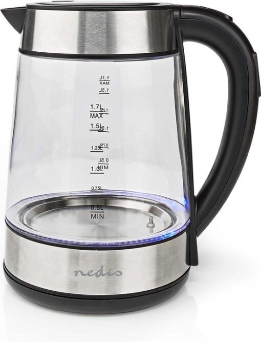 Nedis Waterkoker - 1.7 l - Glas - Transparant - 60,70,80,90,100 °C - Temperatuurindicator - 360 graden draaibaar - Verborgen verwarmingselement - Strix-controller - Droogkookbeveiliging