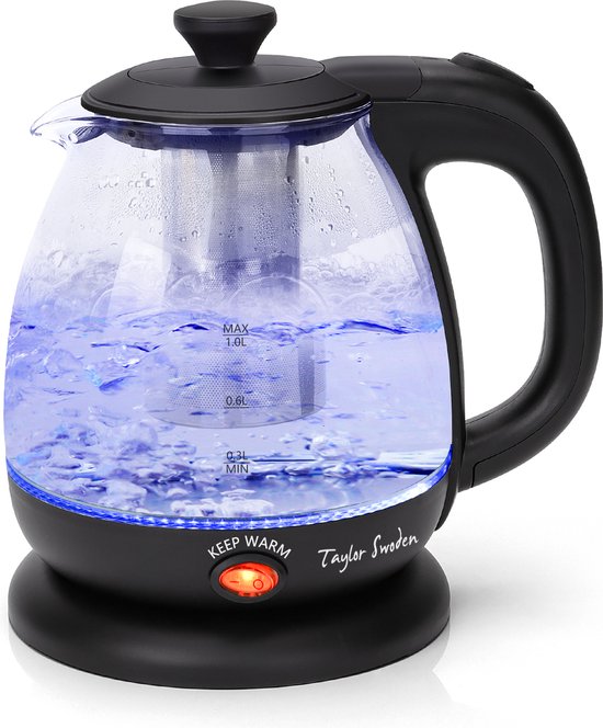 Taylor Swoden Abel 30IAS - Glazen waterkoker klein met LED en theefilter - 1 Liter - Warmhoudfunctie - Zwart